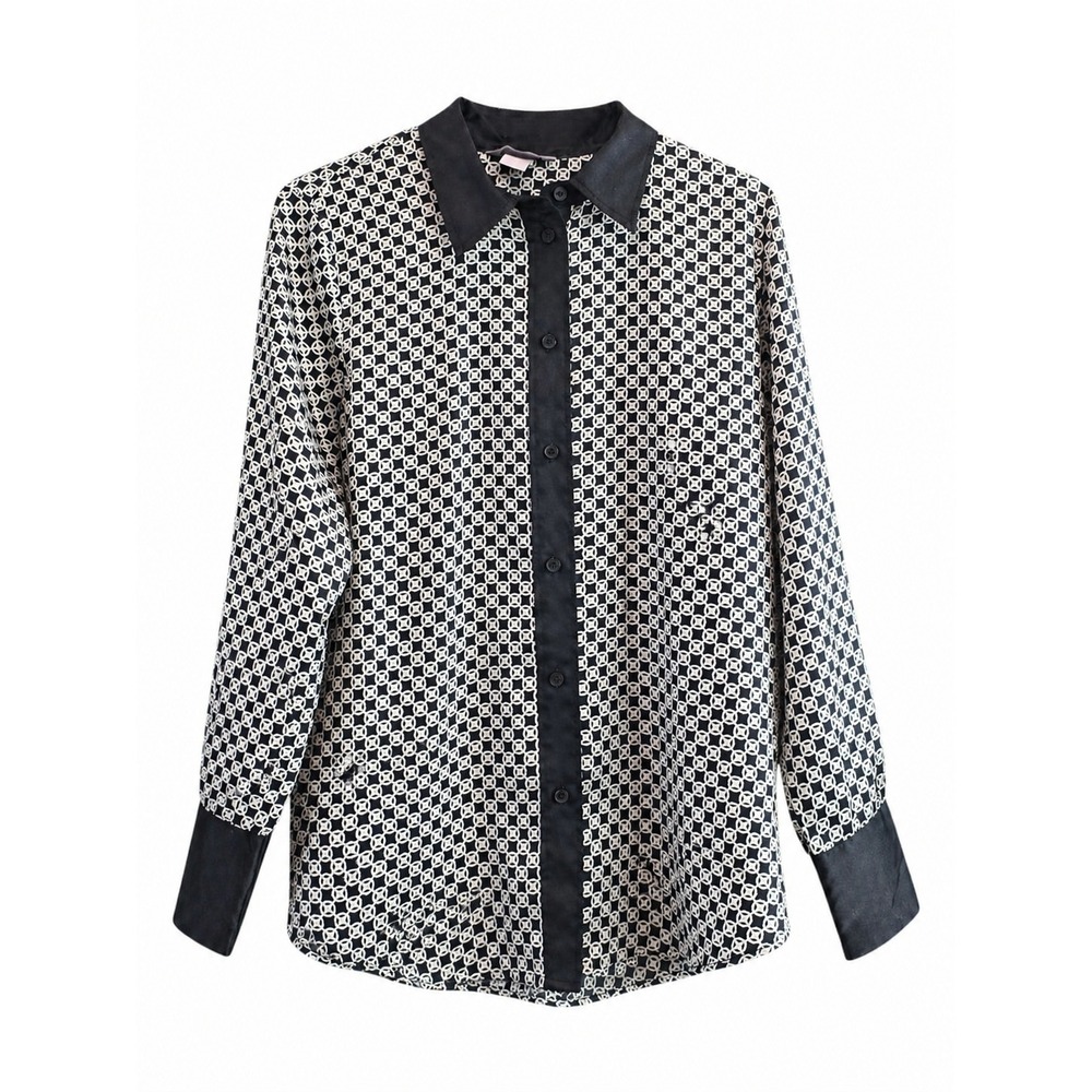 H&M Geometric Print Blouse Black White Button Front Long Sleeve Top M